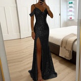 GETADME Ladies Fashion V Neck Shiny Sequin Party Dress Elegant Wrap Chest Slim Long Dress 2025 Casual Solid Color Split Evening Dresses