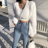 GETADME Ladies Sexy Artificial Mink Hair Single Button Cropped Cardigan Autumn Winter Korean Fashion High Street Tops Cheap Wholesale
