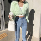 GETADME Ladies Sexy Artificial Mink Hair Single Button Cropped Cardigan Autumn Winter Korean Fashion High Street Tops Cheap Wholesale