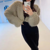 GETADME Ladies Sexy Artificial Mink Hair Single Button Cropped Cardigan Autumn Winter Korean Fashion High Street Tops Cheap Wholesale