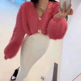 GETADME Ladies Sexy Artificial Mink Hair Single Button Cropped Cardigan Autumn Winter Korean Fashion High Street Tops Cheap Wholesale