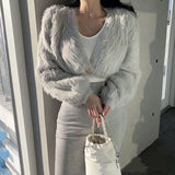 GETADME Ladies Sexy Artificial Mink Hair Single Button Cropped Cardigan Autumn Winter Korean Fashion High Street Tops Cheap Wholesale