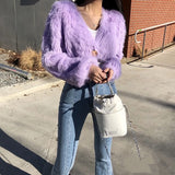 GETADME Ladies Sexy Artificial Mink Hair Single Button Cropped Cardigan Autumn Winter Korean Fashion High Street Tops Cheap Wholesale