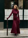 GETADME Lady Elegant Burgundy Mock Turtleneck Solid Maxi Dresses Fashion Long Sleeve Slim Hem Party Midi Robe Autumn Evening Dress Women