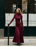 GETADME Lady Elegant Burgundy Mock Turtleneck Solid Maxi Dresses Fashion Long Sleeve Slim Hem Party Midi Robe Autumn Evening Dress Women