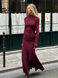 GETADME Lady Elegant Burgundy Mock Turtleneck Solid Maxi Dresses Fashion Long Sleeve Slim Hem Party Midi Robe Autumn Evening Dress Women