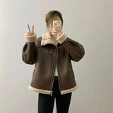GETADME Lady Fashion Real Wool Jackets Women Lamb Fur Coat Front Zipper Winter Jacket Female Lapel Neck Long Sleeves Outfit