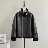 GETADME Lady Fashion Real Wool Jackets Women Lamb Fur Coat Front Zipper Winter Jacket Female Lapel Neck Long Sleeves Outfit