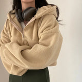GETADME Lamb Wool Jacket Women's 2024 Autumn Winter Thickened Warm Furry Jacket Zipper Hooded Casual Warm Short Coat Y2k Streetwear