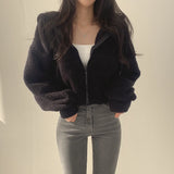 GETADME Lamb Wool Jacket Women's 2024 Autumn Winter Thickened Warm Furry Jacket Zipper Hooded Casual Warm Short Coat Y2k Streetwear