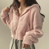 GETADME Lamb Wool Jacket Women's 2024 Autumn Winter Thickened Warm Furry Jacket Zipper Hooded Casual Warm Short Coat Y2k Streetwear