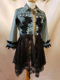 GETADME Lapel Denim Coat Women Lace Hook Flower Hollow Out Patchwork Frayed Edges Hole Denim Jacket Autumn Streetwear Jean Coat 2025
