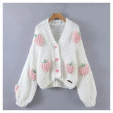 GETADME Large Size Women Sweater Spring Autumn Puff Sleeve Strawberry Sweet Full Cardigans Loose Girls Sweater Euro-America Style
