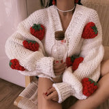 GETADME Large Size Women Sweater Spring Autumn Puff Sleeve Strawberry Sweet Full Cardigans Loose Girls Sweater Euro-America Style
