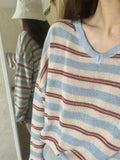 GETADME Lazy Striped V-neck Long-sleeved Knitted Tops Women 2025 Autumn New Bottoming T-shirts Y2k Long Sleeve Loose Tee Shirt