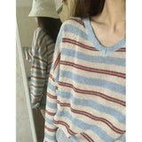 GETADME Lazy Striped V-neck Long-sleeved Knitted Tops Women 2025 Autumn New Bottoming T-shirts Y2k Long Sleeve Loose Tee Shirt
