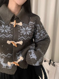 GETADME Lazy sweater jacket women's winter warm horn button snowflake knitted cardigan retro lapel y2k ins Harajuku long-sleeved top