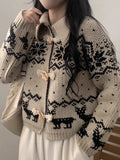 GETADME Lazy sweater jacket women's winter warm horn button snowflake knitted cardigan retro lapel y2k ins Harajuku long-sleeved top
