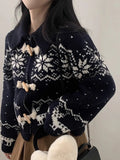 GETADME Lazy sweater jacket women's winter warm horn button snowflake knitted cardigan retro lapel y2k ins Harajuku long-sleeved top