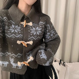 GETADME Lazy sweater jacket women's winter warm horn button snowflake knitted cardigan retro lapel y2k ins Harajuku long-sleeved top