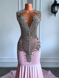 GETADME Long Pink Prom Dresses 2025 Sheer Mesh Top Luxury Sparkly Silver Diamond Black Girls Pink Prom Formal Party Gowns