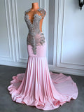 GETADME Long Pink Prom Dresses 2025 Sheer Mesh Top Luxury Sparkly Silver Diamond Black Girls Pink Prom Formal Party Gowns