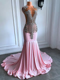 GETADME Long Pink Prom Dresses 2025 Sheer Mesh Top Luxury Sparkly Silver Diamond Black Girls Pink Prom Formal Party Gowns