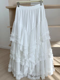 GETADME Long Skirt Womens White Black Skirt 2025 Goth Lolita Spring Summer High Waisted High Low Layer Ruched Mesh Ball Gown Skirts rok