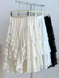 GETADME Long Skirt Womens White Black Skirt 2025 Goth Lolita Spring Summer High Waisted High Low Layer Ruched Mesh Ball Gown Skirts rok