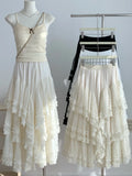 GETADME Long Skirt Womens White Black Skirt 2025 Goth Lolita Spring Summer High Waisted High Low Layer Ruched Mesh Ball Gown Skirts rok