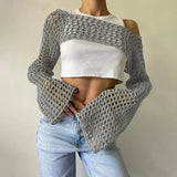 GETADME Long Sleeve Crochet Crop Top Summer Knit Hollow Out Mesh Cover Ups 2025 Women‘s Y2k Crochet Tops Pullover Streetwear
