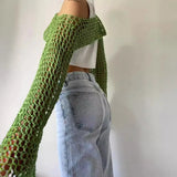 GETADME Long Sleeve Crochet Crop Top Summer Knit Hollow Out Mesh Cover Ups 2025 Women‘s Y2k Crochet Tops Pullover Streetwear