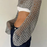 GETADME Long Sleeve Crochet Crop Top Summer Knit Hollow Out Mesh Cover Ups 2025 Women‘s Y2k Crochet Tops Pullover Streetwear