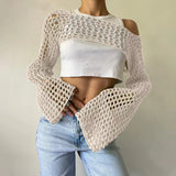 GETADME Long Sleeve Crochet Crop Top Summer Knit Hollow Out Mesh Cover Ups 2025 Women‘s Y2k Crochet Tops Pullover Streetwear