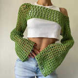 GETADME Long Sleeve Crochet Crop Top Summer Knit Hollow Out Mesh Cover Ups 2025 Women‘s Y2k Crochet Tops Pullover Streetwear