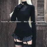 GETADME Long Sleeve Sexy Y2k T-shirt Women Tops High Neck Black Gothic Tees Cross Hollow Slimming Bottom Knitted Shirt Women Halloween