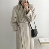 GETADME Long Wool Coats Women Midi Waist Lace Up Belt Blends Splice Full Sleeve Cardigan Solid Thick Warm Jackets Straight Winter