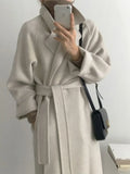 GETADME Long Wool Coats Women Midi Waist Lace Up Belt Blends Splice Full Sleeve Cardigan Solid Thick Warm Jackets Straight Winter