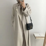 GETADME Long Wool Coats Women Midi Waist Lace Up Belt Blends Splice Full Sleeve Cardigan Solid Thick Warm Jackets Straight Winter