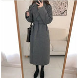 GETADME Long Wool Coats Women Midi Waist Lace Up Belt Blends Splice Full Sleeve Cardigan Solid Thick Warm Jackets Straight Winter