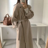 GETADME Long Wool Coats Women Midi Waist Lace Up Belt Blends Splice Full Sleeve Cardigan Solid Thick Warm Jackets Straight Winter
