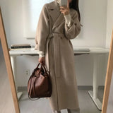 GETADME Long Wool Coats Women Midi Waist Lace Up Belt Blends Splice Full Sleeve Cardigan Solid Thick Warm Jackets Straight Winter