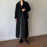 GETADME Long Wool Coats Women Midi Waist Lace Up Belt Blends Splice Full Sleeve Cardigan Solid Thick Warm Jackets Straight Winter
