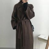 GETADME Long Wool Coats Women Midi Waist Lace Up Belt Blends Splice Full Sleeve Cardigan Solid Thick Warm Jackets Straight Winter