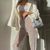 GETADME 루즈 시스루 롱 팬츠 홀로우 아웃 피쉬넷 그리드 샤이니 디아만테 신축성 허리 핫 팬츠 뮤직 페스티벌 레이디 커버업 팬츠