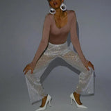 GETADME 루즈 시스루 롱 팬츠 홀로우 아웃 피쉬넷 그리드 샤이니 디아만테 신축성 허리 핫 팬츠 뮤직 페스티벌 레이디 커버업 팬츠