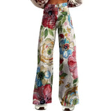 GETADME 루즈 여성 레트로 캐주얼 팬츠 미드라이즈 버튼 지퍼 플라이 와이드 레그 롱 포켓 디지털 플로럴 프린트 팬츠 여름