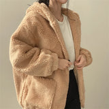 GETADME Loose Zipper Hooded Jacket 2025 Women Thicken Korean Version Plush Thickened Lamb Wool Cotton Middle Length Coat Winter