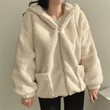 GETADME Loose Zipper Hooded Jacket 2025 Women Thicken Korean Version Plush Thickened Lamb Wool Cotton Middle Length Coat Winter