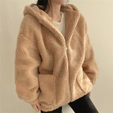GETADME Loose Zipper Hooded Jacket 2025 Women Thicken Korean Version Plush Thickened Lamb Wool Cotton Middle Length Coat Winter